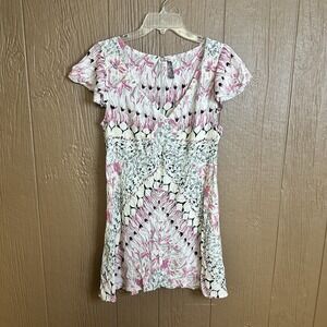 Free People Multi Color Floral Flutter Sleeve Dress Size 12 Mini‎ Rayon Flowy